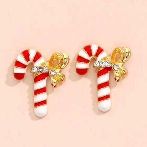 Gold Tone Festive Christmas Candy Cane Rhinestone Holiday Earrings
